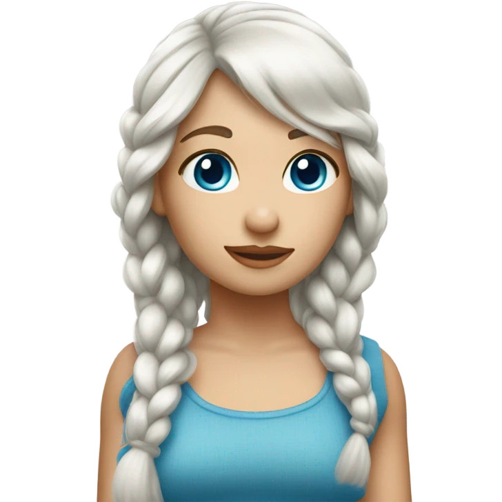 The girl with white hair with bangs hangs over her right shoulder with a braided hair and has a pair of blue eyes. emoji