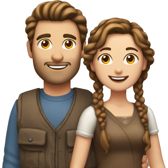 Brown haired man with his brown haired wife with a braid in her hair in love happy emoji