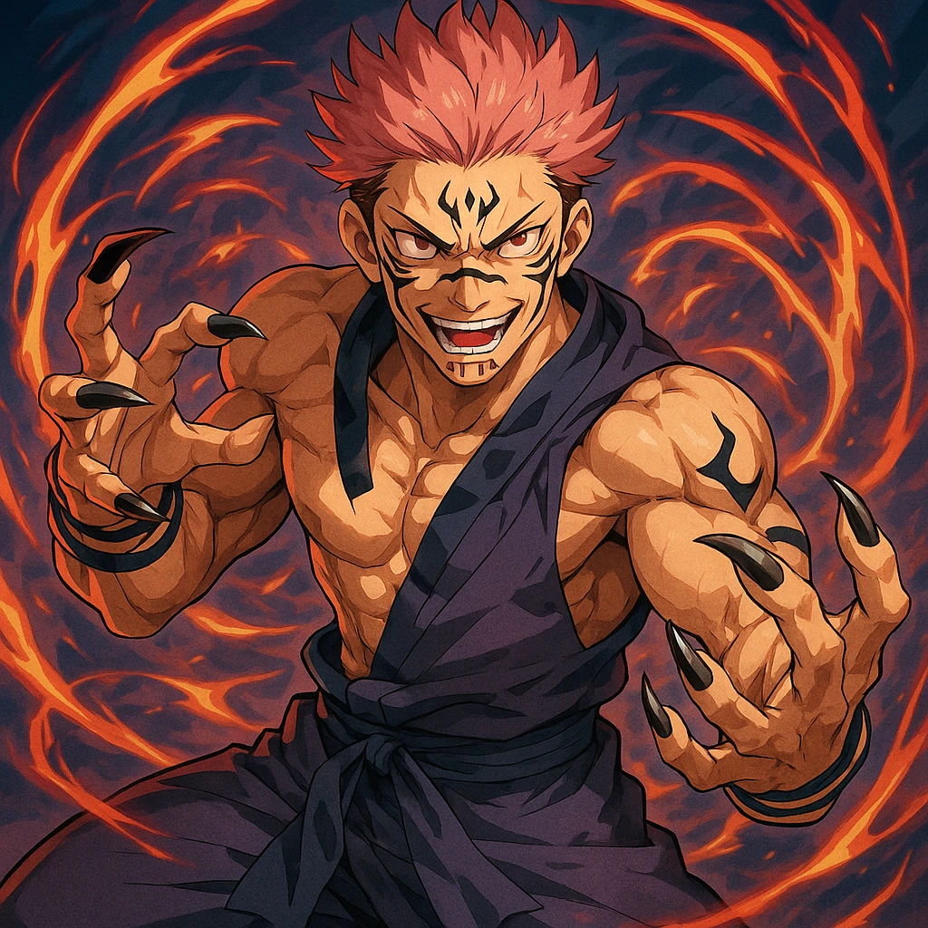 Sukuna character inspired by anime style, visual interpretation 2, detailed, dynamic pose, vibrant colors emoji