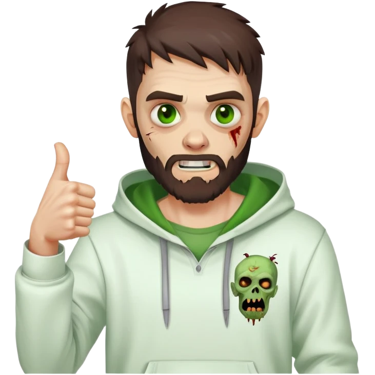 zombie with thumbs up gesture, undercut hairstyle with dark brown hair, short full beard, green eyes, wearing plain white hoodie emoji