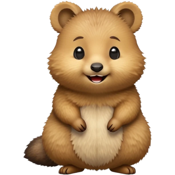 cinematic-quokka-realistic-emoji,-small-round-frame-balanced-on-tiny-strong-hind-legs,giant-fluffy-cheeks-large-smile-fluffy-brown-fur-radiating-a-warm-softness,-big-round-eyes-filled-with-joy, realistic emoji zoomed in emoji