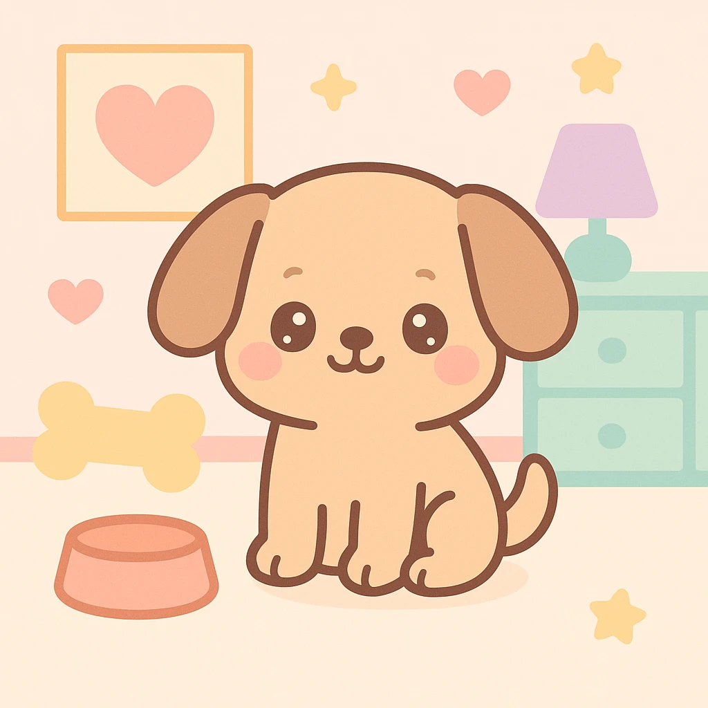 a dog in a playful, colorful room, kawaii style emoji