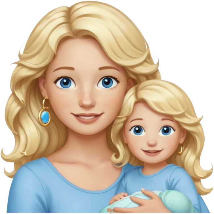Wavy blonde, white woman with blue eyes, freckles hoop earrings, holding babies smiling and really cute in gold hoops emoji