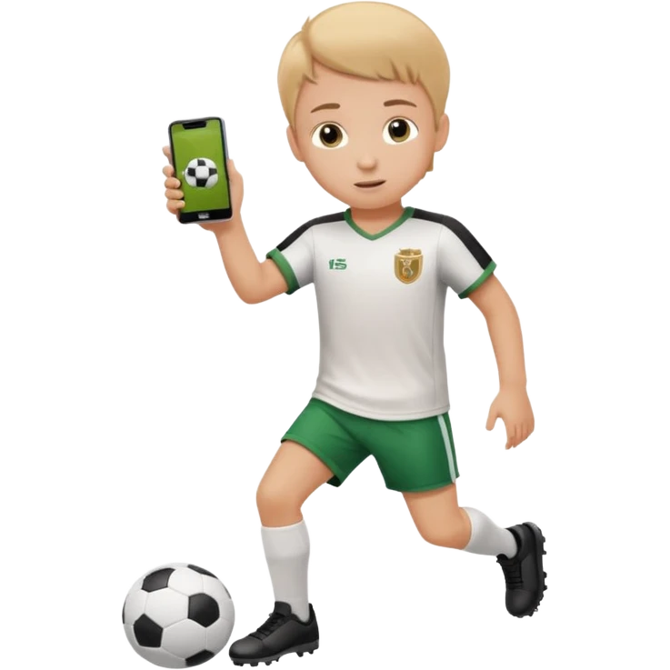 A white child is holding a phone and playing football at the same time. emoji
