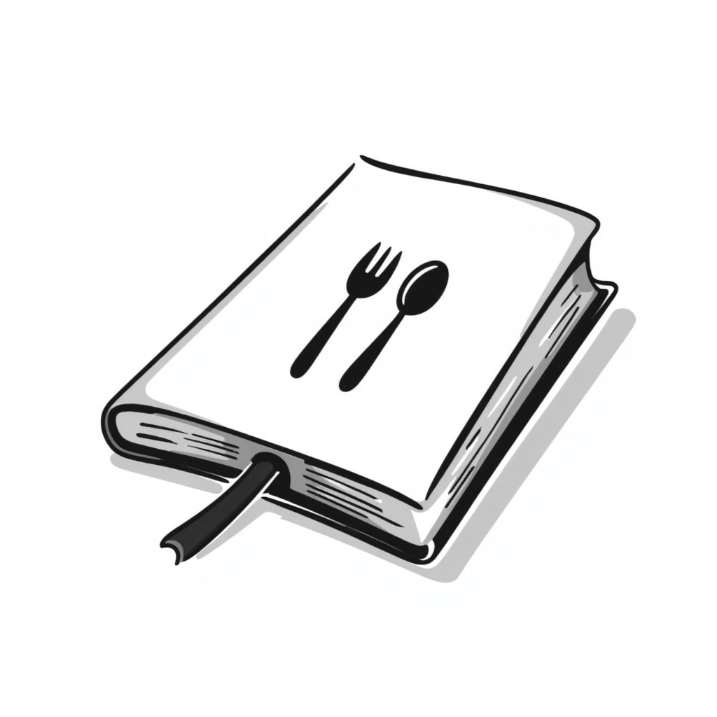 Closed cookbook with a fork and spoon symbol on the cover – collection of recipes emoji