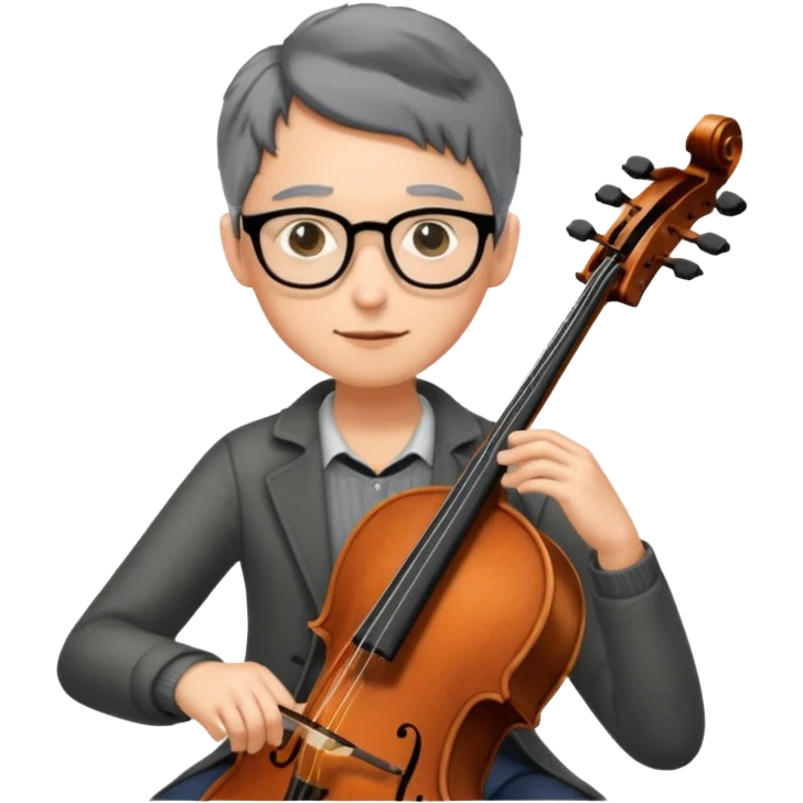 an emoji of my mum playing the cello, she has short black-ish gray hair, wears glasses, she is small emoji