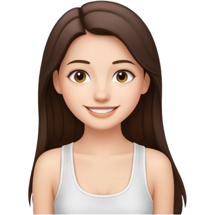 a pretty bratz fair girl with straight brunette long hair, middle partition. wearing a white thin strap trap tank top, smiling, wearing light makeup. very pretty. emoji