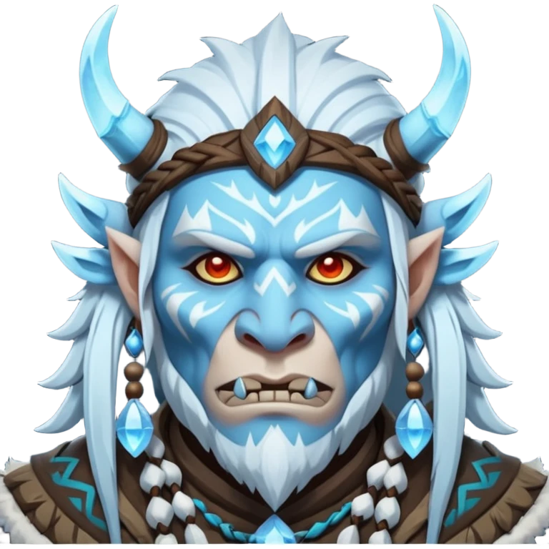 Fantasy Christmas orc shaman icon, ice spirit magic theme, glowing runes, winter tribal mask elements, mystical cold atmosphere, emoji sized portrait, male/female variant emoji
