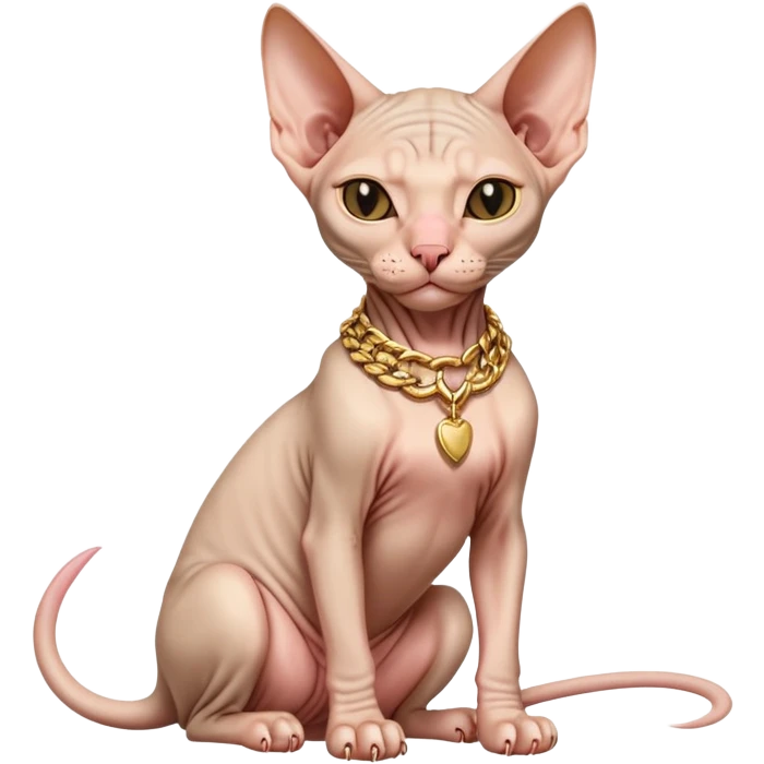 hairless Sphynx cat full body sitting, wearing a gold chain, winking emoji