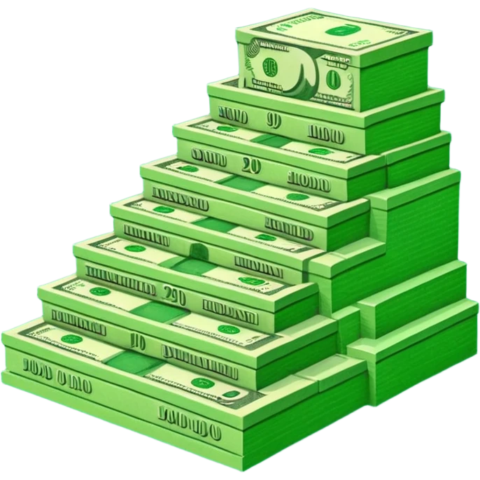 A three-level podium made entirely of stacked banknotes, rising from left to right with each step higher than the previous one. emoji