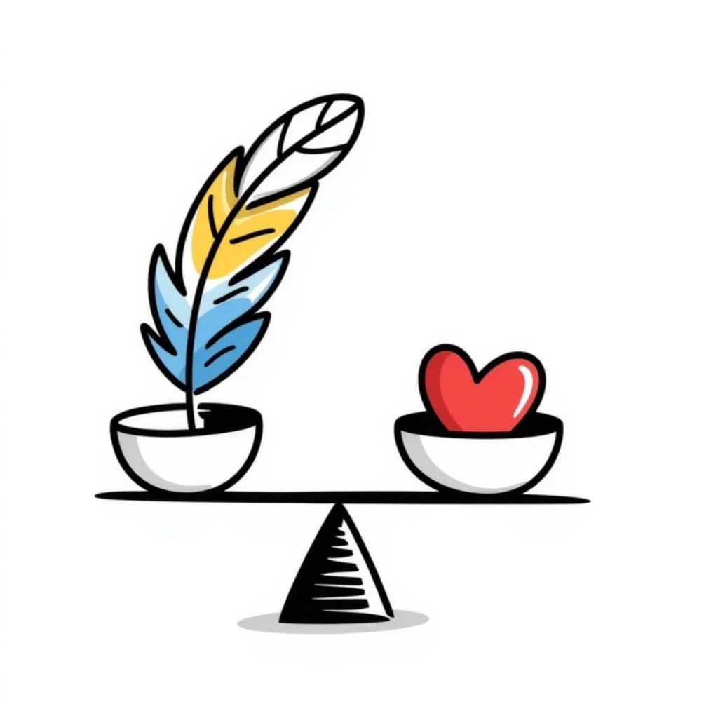 A simple scale balancing a colorful feather and a red heart, representing emotional balance and lightness. Colorful hand-drawn doodle style with blues, reds, and yellows. emoji