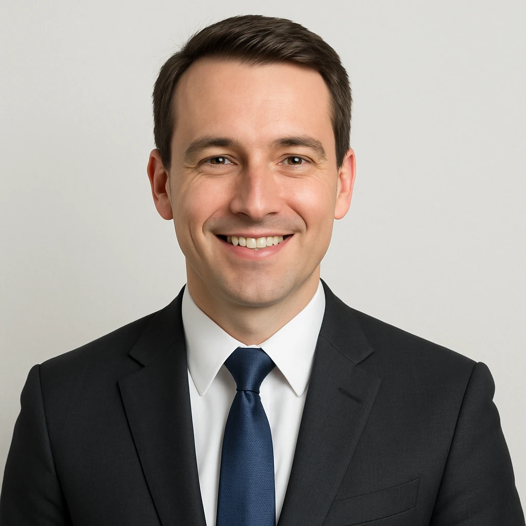 a professional-looking person in business dress with an approachable smile, light background, modern style emoji