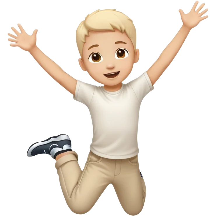 child jumping with arms up, cheerful and energetic, motion lines to show action emoji