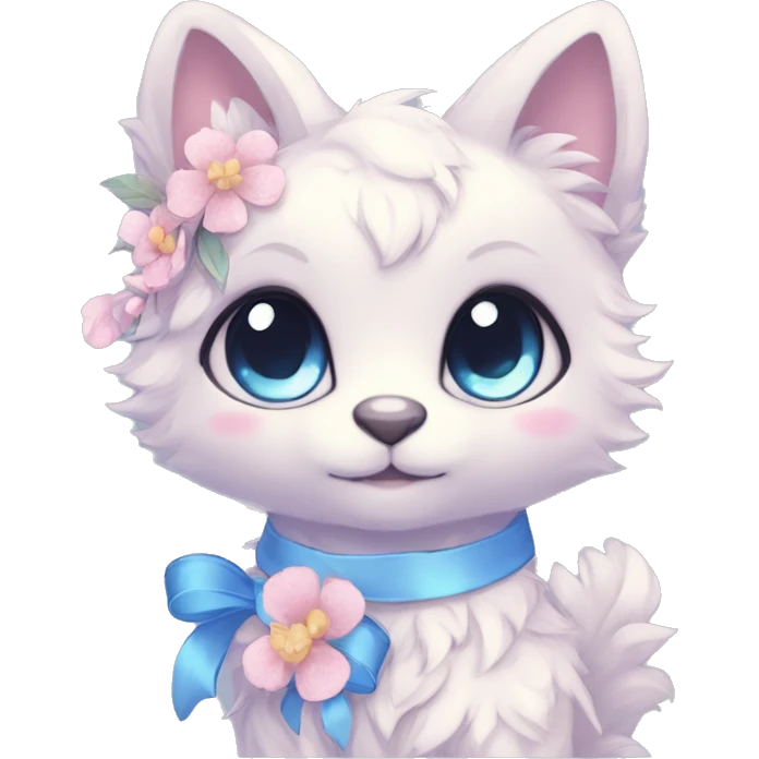 Anthro Cute Cool Blushing Pastel Innocent Shy Kawaii gorgeous sparkly ethereal fantasy animal creature with blue eyes furry sona with flowers and ribbons beautiful aesthetic emoji