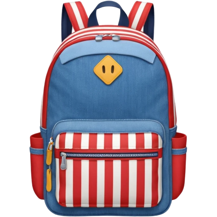  blue denim backpack with red, white, and navy stripes, similar to a Tommy Jeans design. Minimalistic, cartoon-like, front-facing."
 emoji