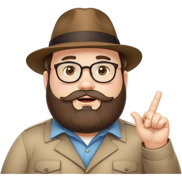 Fat bearded nerd wearing fedora hat pointing up to the sky with finger emoji