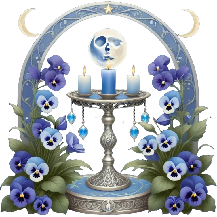 A mystical scene where deep blue and light blue pansies bloom under a silver crescent moon, casting an ethereal glow across the enchanted garden. A round, pearl-colored candle flickers atop an ornate silver stand, its wax melting into swirling patterns resembling planetary orbits. Surrounding it, a set of celestial tarot cards—The Moon, The Star, and The High Priestess—are carefully placed, their intricate silver engravings shimmering with divinatory power. The background sky is adorned with floating zodiac constellations, softly pulsing as if alive, while a trail of stardust leads to a glowing cosmic portal that opens into a swirling galaxy. emoji