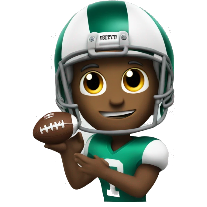 A football emoji wearing a tiny helmet and making a touchdown pose emoji