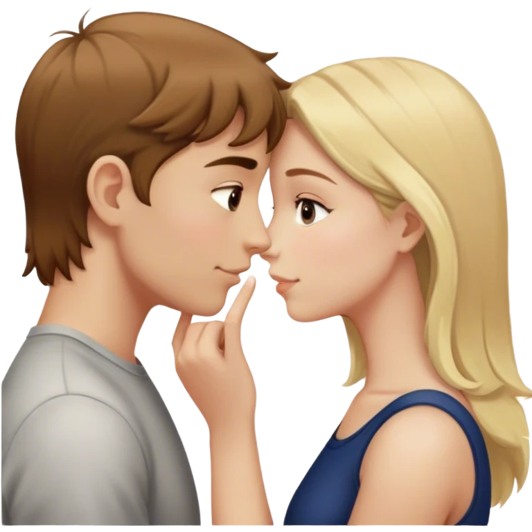 A white girl with brown hair and a white boy with blonde hair touching noses emoji