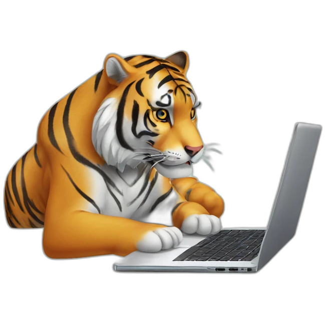 A tiger who study on a laptop with an "AVEX" sticker on it emoji