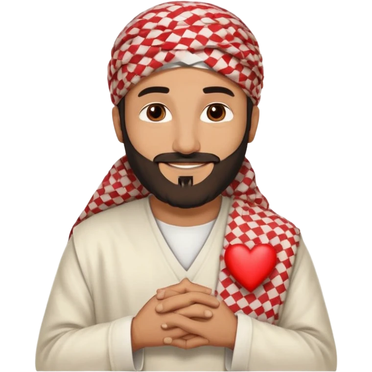 Middle Eastern man as a warm, symbolic figure of gratitude, friendly smile, trimmed beard, wearing a white thobe and a red-and-white checkered keffiyeh with black agal, hands crossed over chest in appreciation, small red heart above head, soft beige background, clean flat digital emoji style emoji