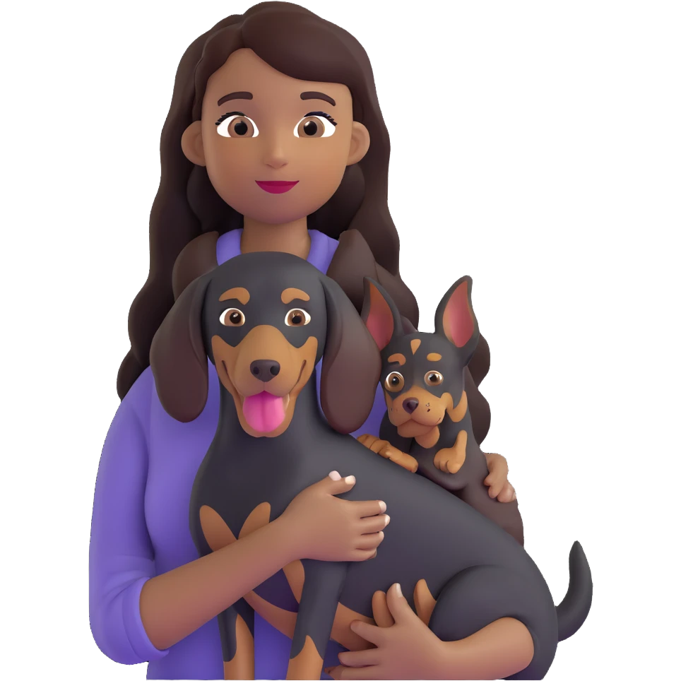 Black girl with long hair holding a Doberman dog emoji