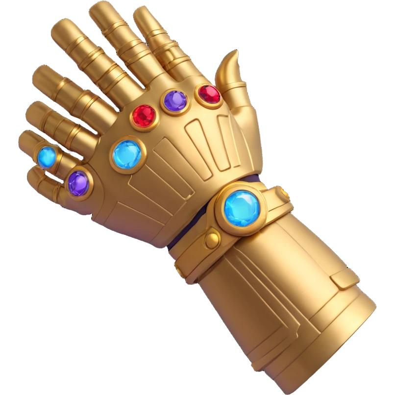 Thanos' gauntlet doing a finger snap, 3D emoji style, shiny metal, glowing gem effects, transparent background emoji