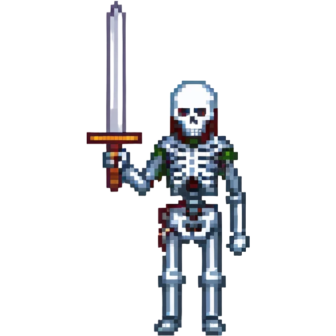 skeleton holding a sword, pixel art style emoji