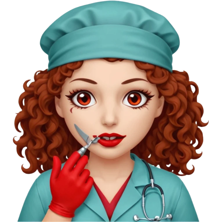 Scary woman scalpel in hand, evil surgeon sexy surgeon clothes.  She has red eyes. Her  brown long curly hair. Wears sexy doctor outfit with red gloves. Only uses red bandanna  to hide her face mouth with red bandana to hide her identity emoji