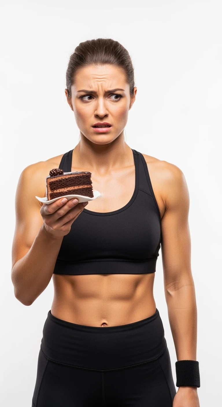 donna fitness con una fetta di torta in mano ed espressione dubbiosa, sfondo bianco emoji