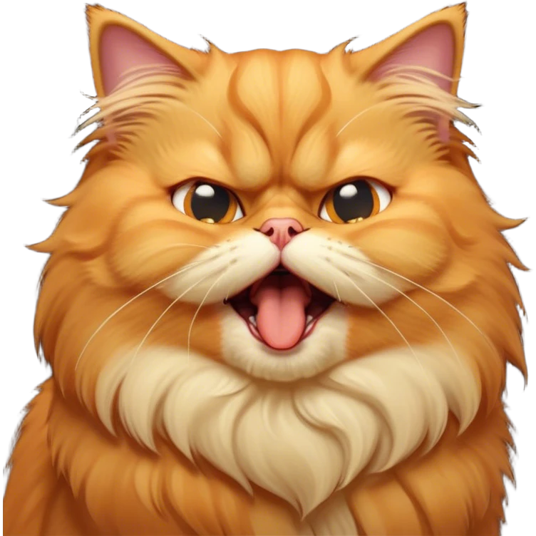 Cinematic Derpy Grumpy Comical Orange Persian Cat Portrait Emoji, Head tilted playfully with an adorably awkward yawning expression, fluffy orange fur with soft cream and golden undertones, Simplified yet hilariously derpy features, highly detailed, glowing with a warm but slightly confused glow, high shine, a mix of lazy and clueless, stylized with a touch of whimsy, bright but with a completely derpy and grumpy face, soft glowing outline, capturing the essence of a quirky yet chubby, grumpy kitty, so endearing it feels like it could stretch out of the screen and demand attention with its wonderfully derpy charm while yawning! emoji