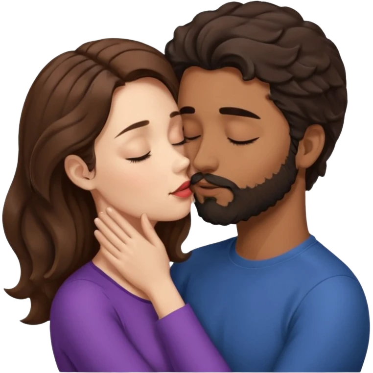 White woman (brown hair with eyes closed) kissing the top of the head (forehead) of brown man with black wavy hair (has a a beard with his eyes closed too). Woman has her lips to the forehead of the man. emoji