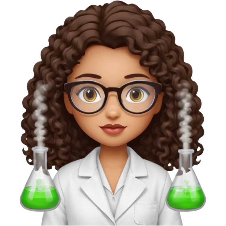 realistic bratz doll with long curly dark brown hair, glasses that are round cat eye vibes, in a lab coat mixing beakers that glow emoji