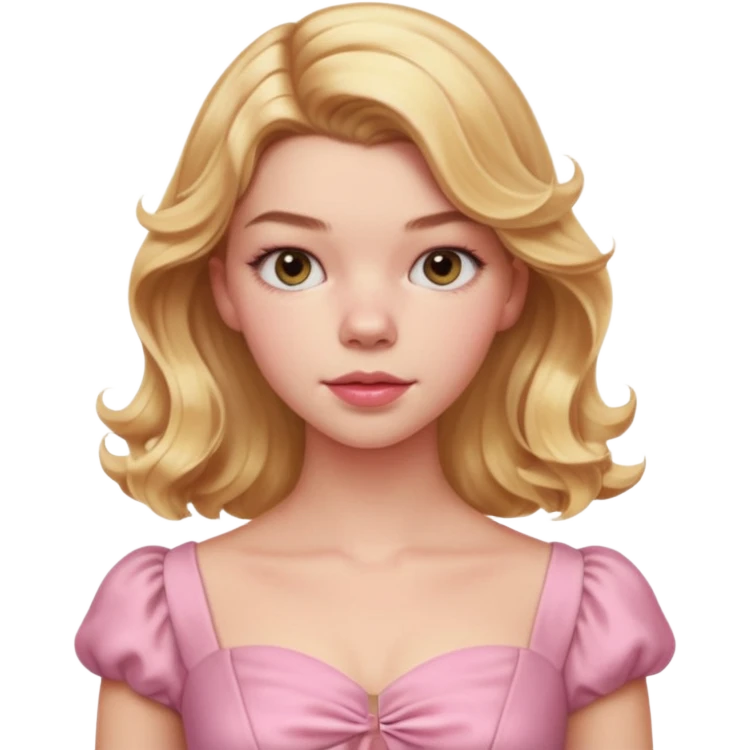 Cinematic Realistic Anya Taylor Joy Portrait, depicted with lifelike skin texture, subtle rosy undertones, and soft natural lighting that enhances the sweet blush contours of her face. Her intricately detailed golden blonde hair is elegantly wavy, and pink dress corquette emoji