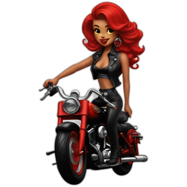 Chica pin up pelo rojo sobre moto Harley Davidson negra emoji