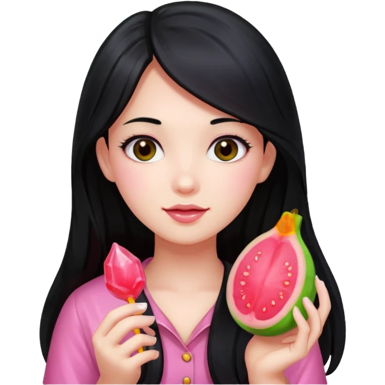 A girl with long black hair holding a piece of guava hard candy emoji