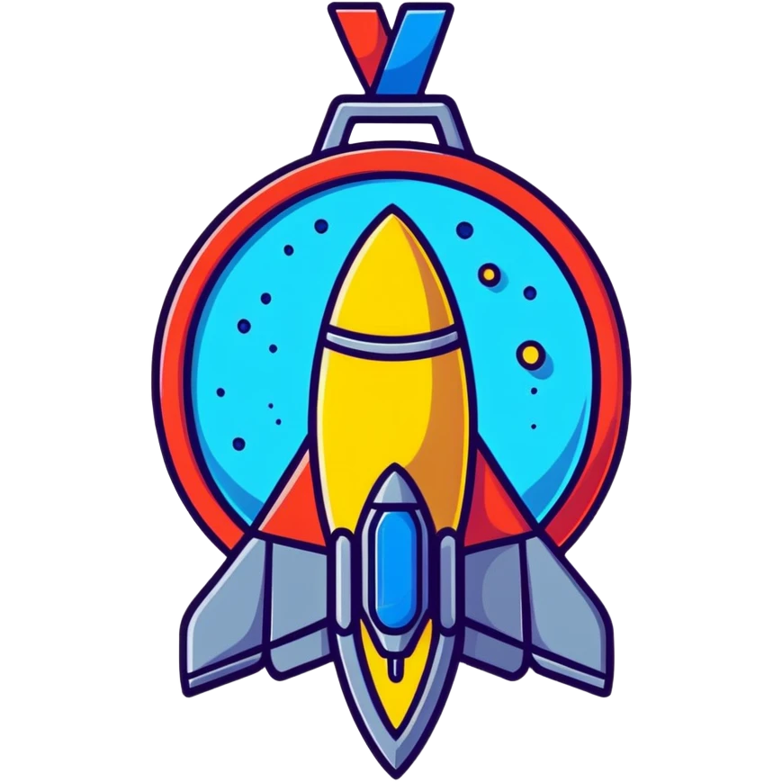 cartoon-style sci-fi medal for Star Citizen Hathor activity, features a star and spaceship, bright colors, exaggerated shapes, fun and eye-catching emoji