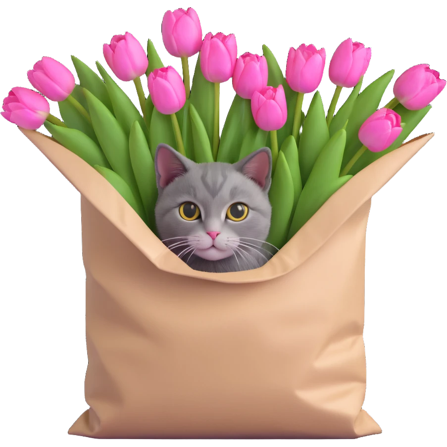 A cat peeking out of a bag filled with pink tulips emoji