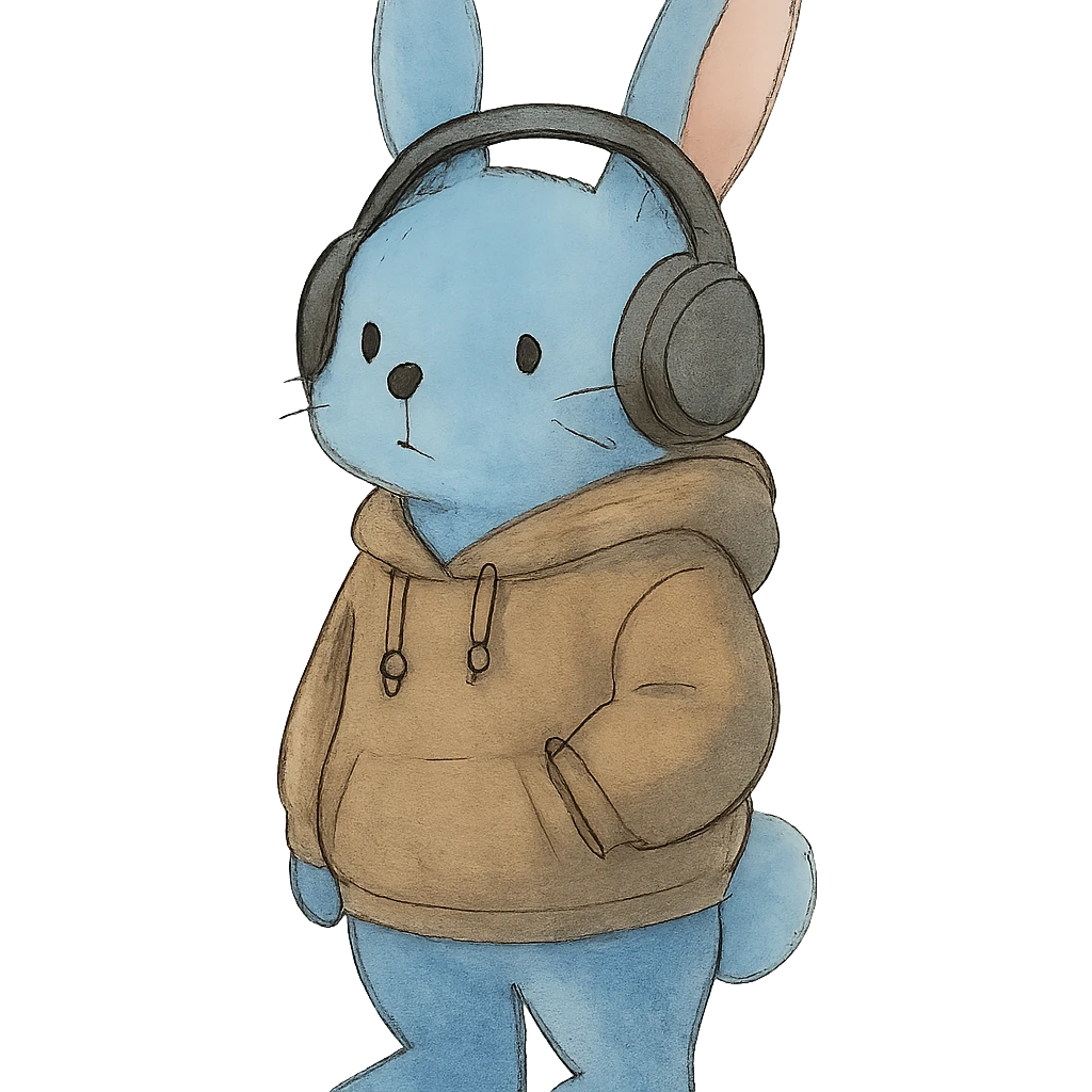 blue bunny in hoodie, one paw in pocket, headphones on, soft Ghibli style emoji