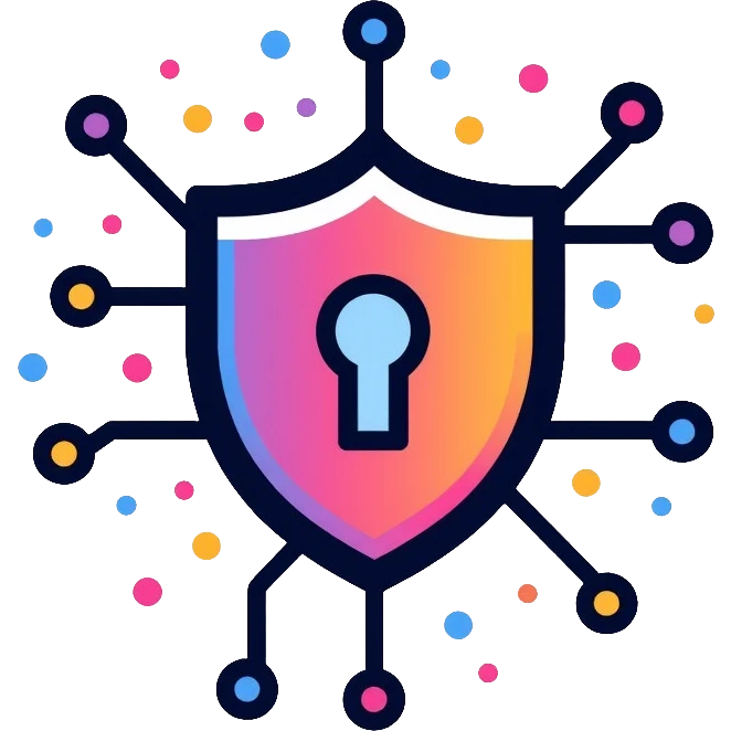 A secure network logo with shield and digital network nodes emoji