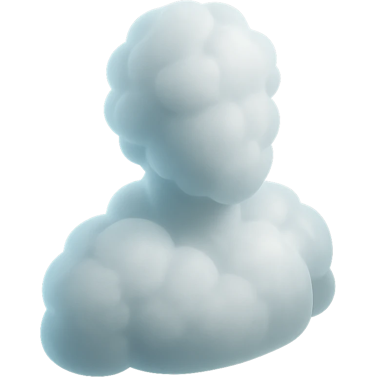 person made entirely of white fluffy convex clouds, shoulder up, front view, matte glass style emoji