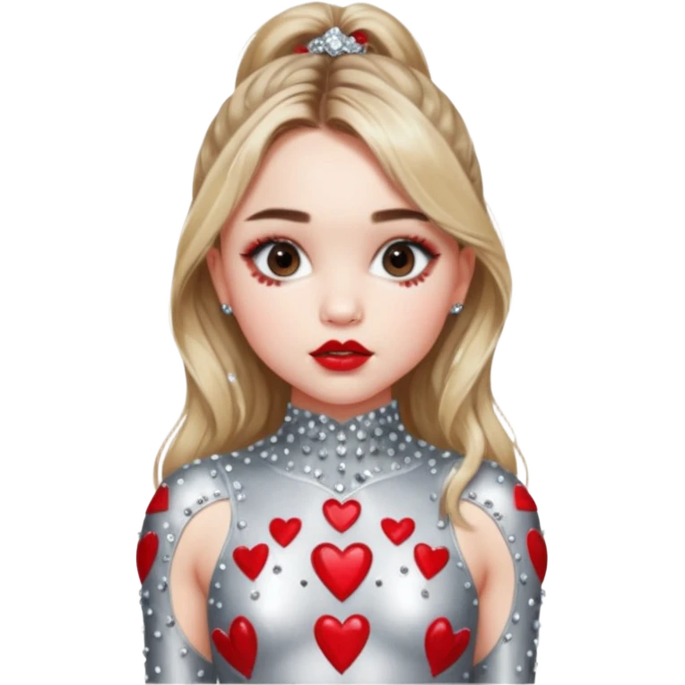 Sabrina carpenter in silver rhinestone bodysuit with red kiss marks all over it emoji