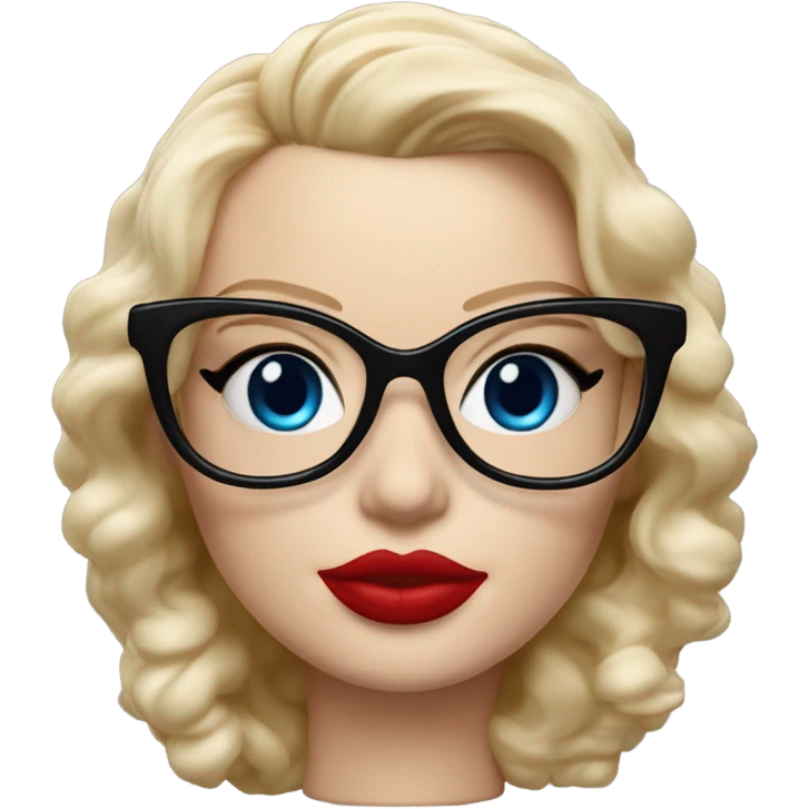  Bobble head Margot Robbie, bright blue eyes and winged eye liner, red kisses, wearing black glasses  emoji