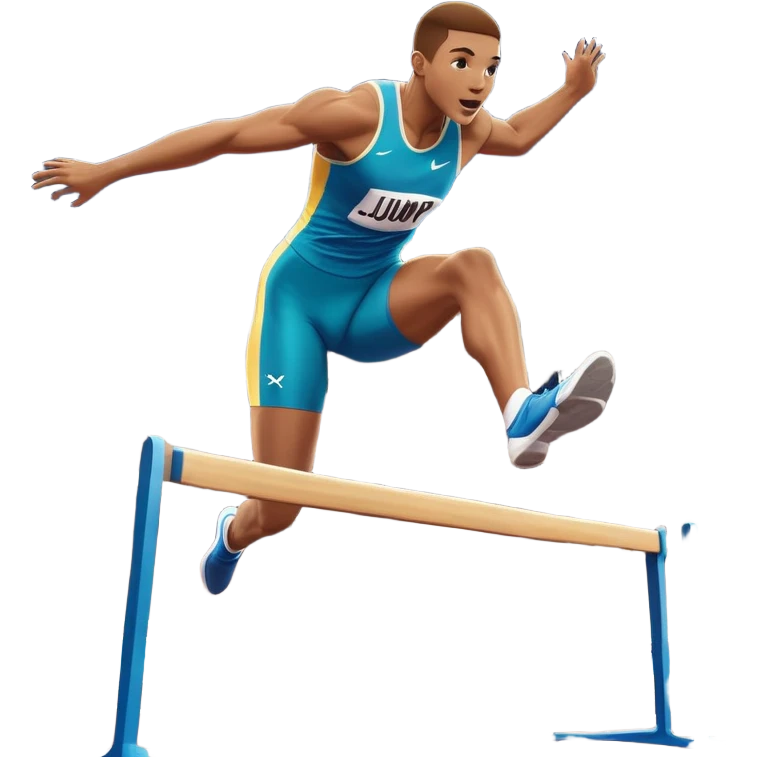 An icon of an athlete soaring over a hurdle, mid-jump, with a powerful form. The background features a vibrant stadium, with the track and hurdles in sharp focus, and a cheering crowd along the stands. The motion of the jump emphasizes speed and agility. Transparent background. emoji