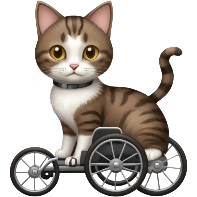 full body small short hair dark brown and white cat with hazel eyes walking in a wheelchair for cats emoji