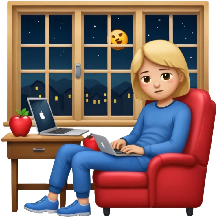 tired student with laptop, window at night behind, slumped in chair, apple style emoji emoji
