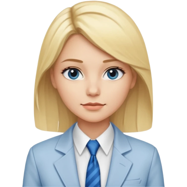 une femme blonde jolie avec des jolies traits avec une chemise blanche et une veste a manche longues et cravate bleu emoji