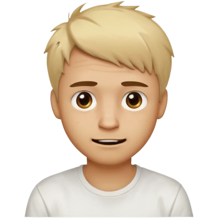 Male with short, messy blonde hair, large expressive golden-brown eyes, light brown skin, subtle facial bruises and scratches, crooked smile showing slightly damaged teeth, wearing a plain white t-shirt, friendly but creepy expression.
 emoji