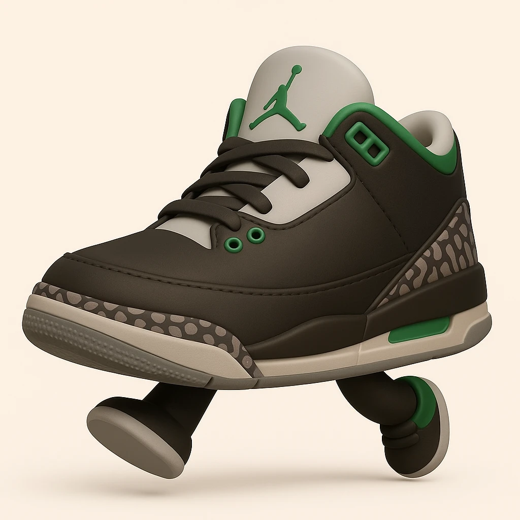 Edit the sneaker character in the style of 3D emoji (Microsoft style 3D fluent emojis) with no face, no arms, and no legs, in a running pose. Maintain the 3D emoji look and feel. emoji