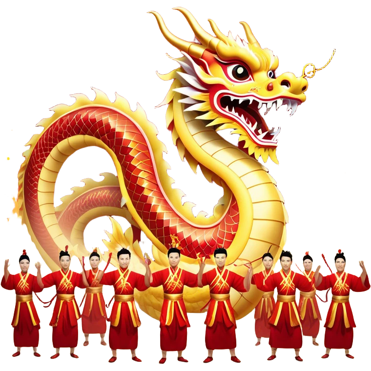Cinematic Realistic scene of a Chinese Dragon Dance featuring performers energetically holding a vibrant dragon model aloft, with intricately detailed scales and dynamic flowing costumes, illuminated by festive red and gold lighting that captures the spirit of celebration. emoji
